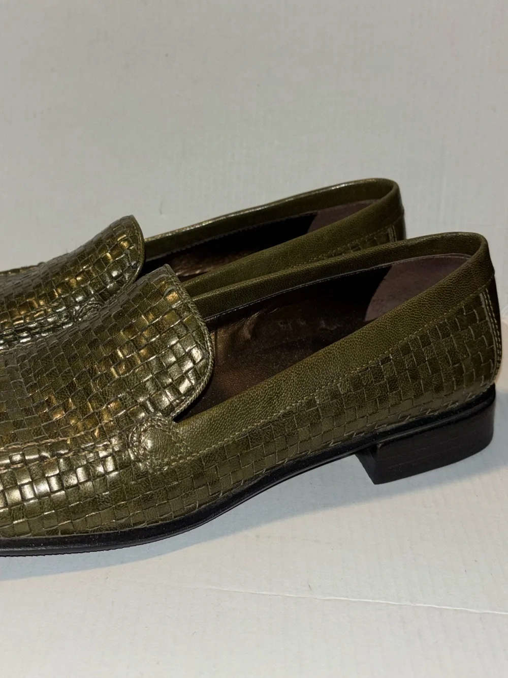 A. Marinelli Olive Woven Leather Loafers olive green Woman's Size 8 square toe